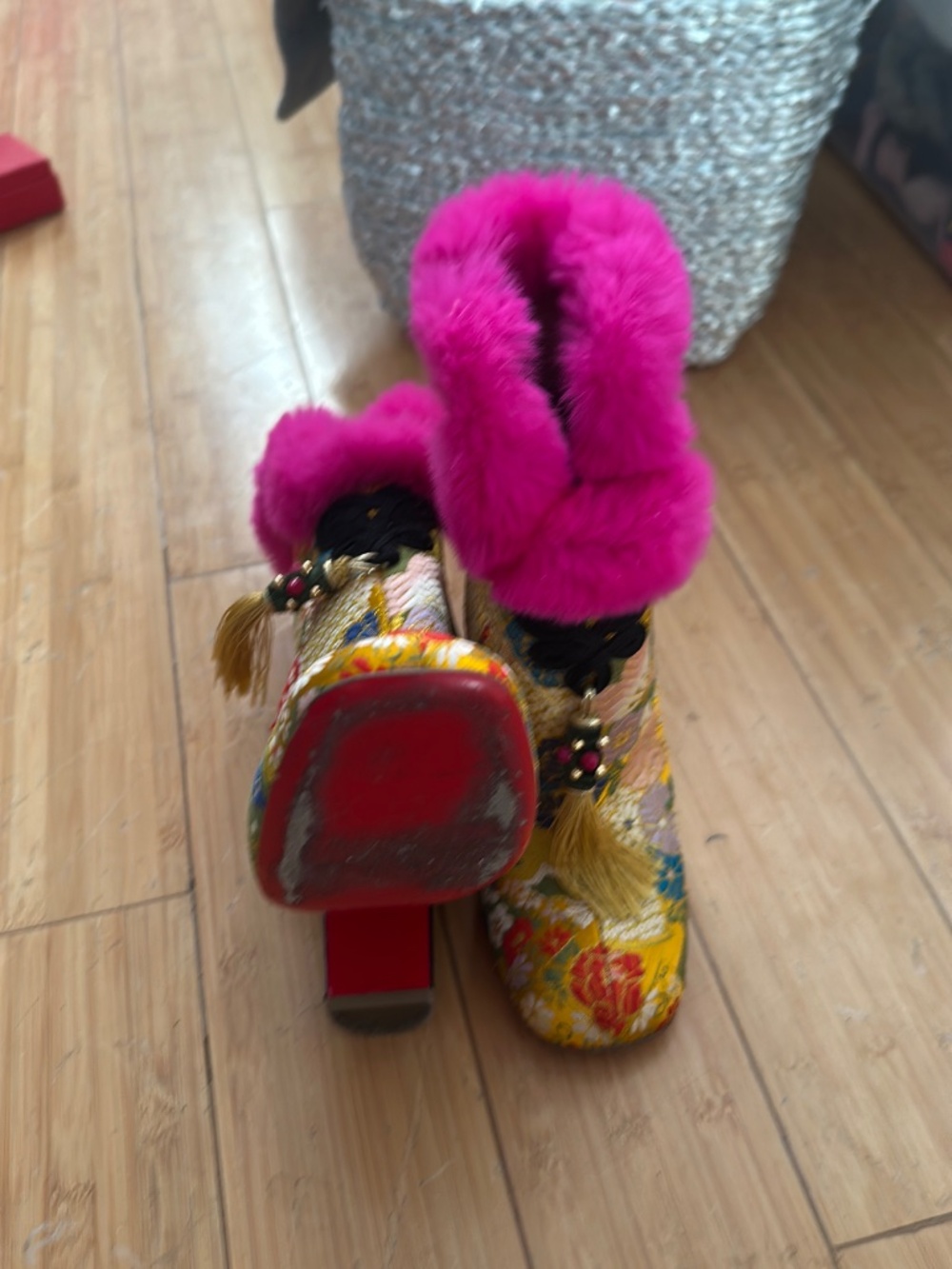 Christian Louboutin May Wong Floral & Rabbit Fur Boot - Picture 7 of 8